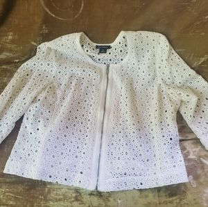 White Cotton Eyelet zip up cardigan with 3/4 length sleeve